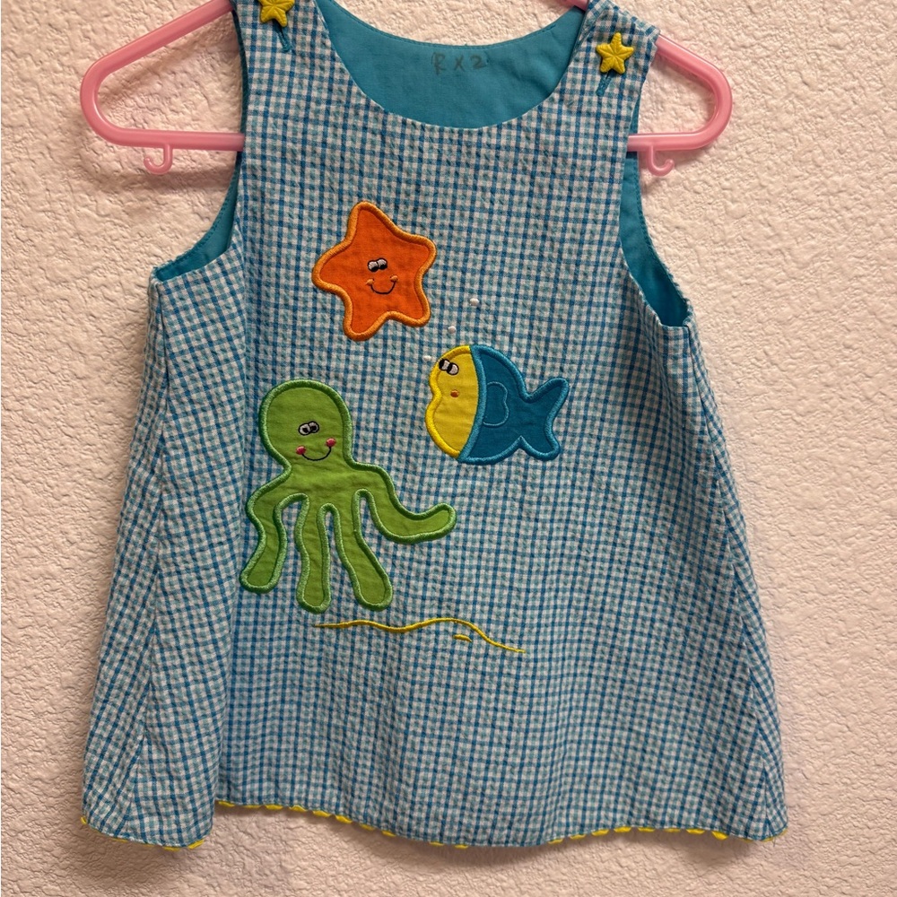 Blue Gingham Toddler Dress with Sea Creatures